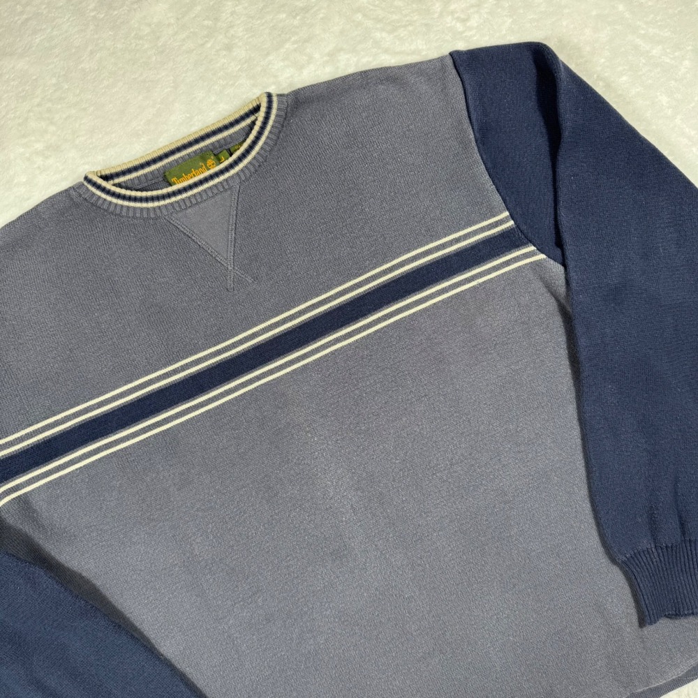Timberland Men XL Cotton Knit Sweater Blue Striped Crew Neck Colorblock Pullover